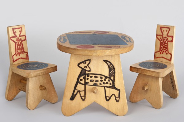 A stool-type chair from a set of doll furniture with painted decoration on the backrest schematic