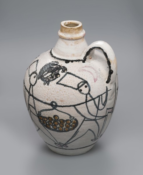 A jug with a handle with painted decoration — stylized figures of people robbers and musicians and