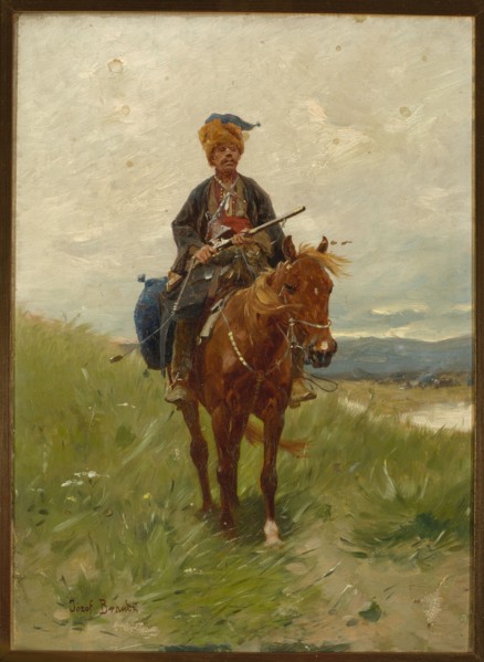 Brandt, Józef 1841–1915 painter, horses, soldiers, riders, weapons, genre scenes with landscape