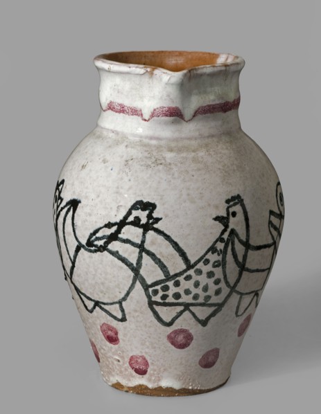 Jug with a handle with zoomorphic decoration: procession of hens. Maker: Antoni Kenar 1906–1959,