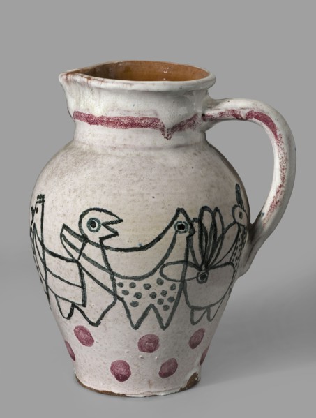 Jug with a handle with zoomorphic decoration: procession of hens. Makers/creators: Office of