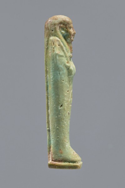 Ankhren's shabti, Ankh-ren name. Mummy-shaped figurine, funerary shabti, standing on a base and