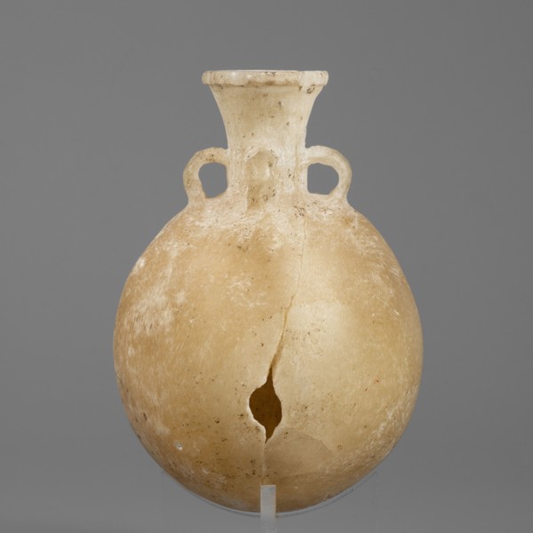 Flask-shaped vessel, stone, pilgrim flask with a spherical flattened belly, narrow widening high