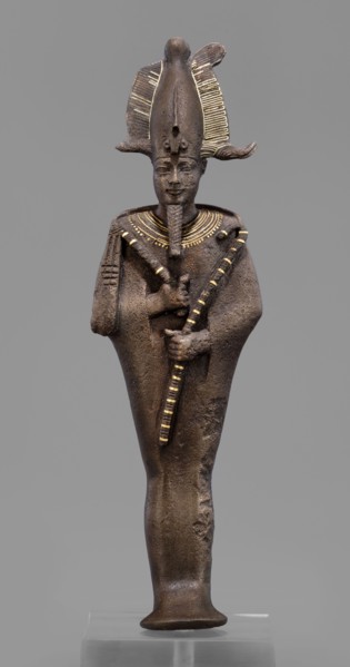 Figurine of the god Osiris; mummy-shaped male figurine; Egyptian art; Egyptian deities; crowns;