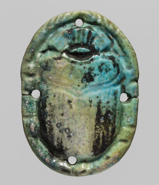 Scarab appliqué, scarab amulet made as an appliqué, likely part of a mummy net; grave goods,
