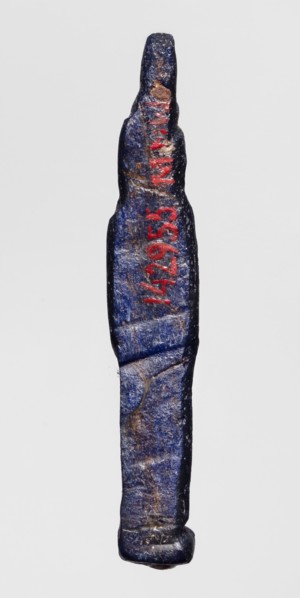 Amulet - standing goddess Isis;, Isis myth., Egyptian goddess; navy blue glass; Ptolemaic Period,