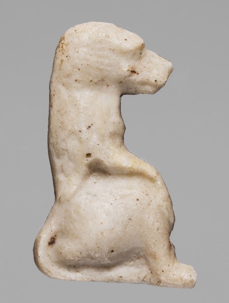 Amulet — sitting baboon; white glass; Ptolemaic Period, 332–30 BC, Egypt; height 2.2 cm, width 1.7