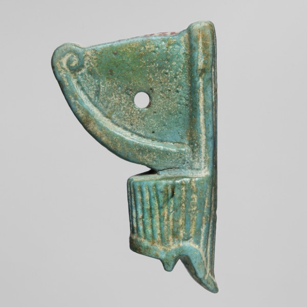 Amulet - red crown, red crown made of green-glazed faience with a hole in the field between the