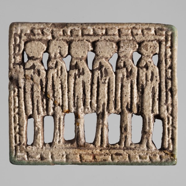Amulet — plaque with six standing deities in a frame, Egyptian deities with solar discs; amulet