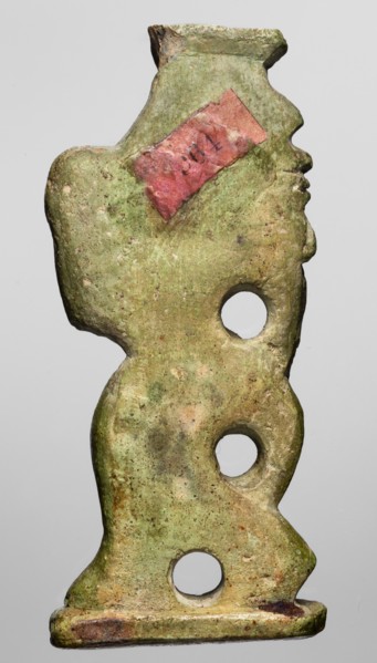 Amulet — the dancing god Bes; maker, Bes myth., Egyptian deities; feathers, dance, musical