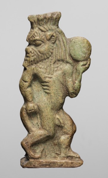 Amulet - dancing god Bes, Bes mythology. Figurine of Bes shown in right half-profile, head turned