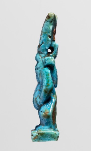 Amulet - god Bes;, Figurine of Bes standing on slightly crooked legs, hands resting on his thighs,