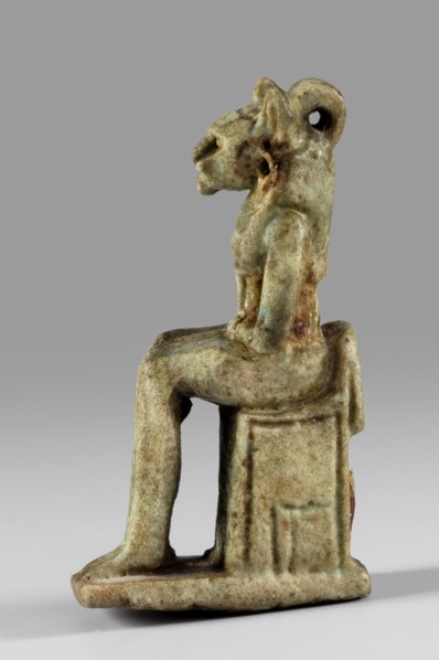 Amulet - figurine of a lion-headed goddess sitting on a throne Uajit?, lionesses, Egyptian deities,