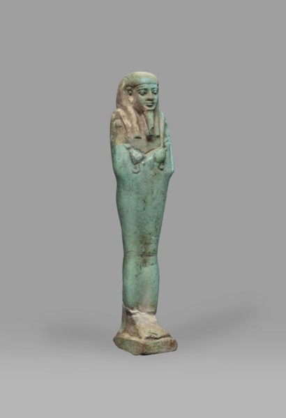 Ushabti Psamtyk-seneb, Mummy-shaped funerary figurine shabti, standing on a base, back supported by