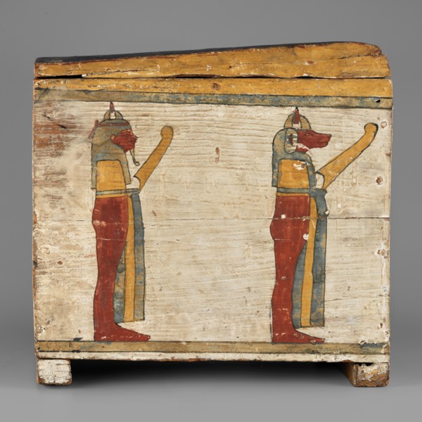 Canopic box, Sons of Horus, falcons, jackals, Isis, Nephthys; grave goods, Egyptian deities; ca.