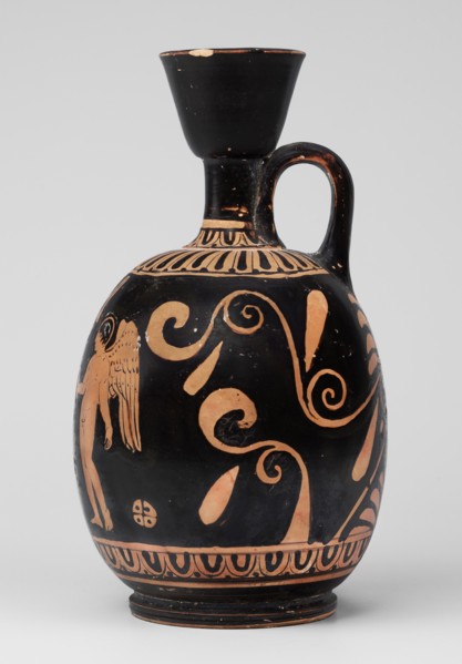 Red-figure aryballus lekythos with a scene of Aphrodite's toilet, On the belly: Aphrodite crouching