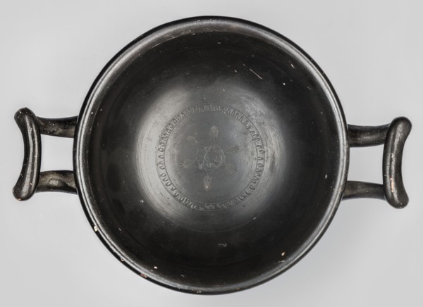 Black-finned skyphos, early 4th century BC, Attica; thick-walled variety with two handles, deep