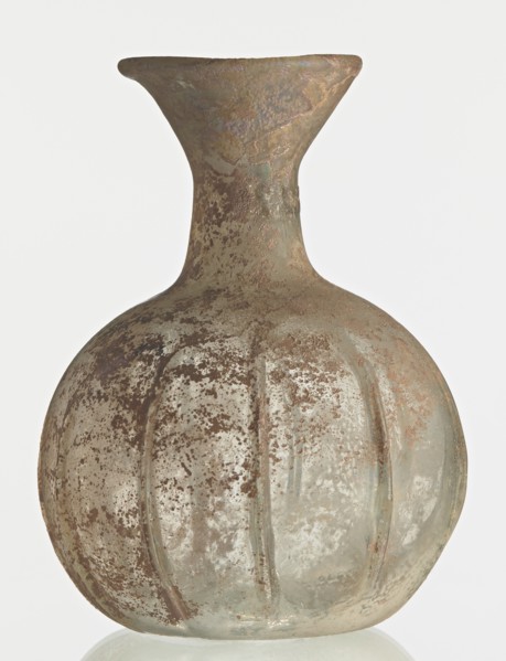 Flask; body in the shape of a flattened sphere, decorated with ribs;, Syria, 2nd–3rd century AD.