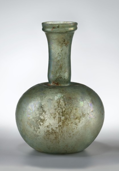 Flask with a spherical body and a high, cylindrical neck ending in a wide, straight-cut rim. The