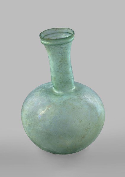 Flask with a spherical body and a high, cylindrical neck ending in a wide, straight-cut rim. The