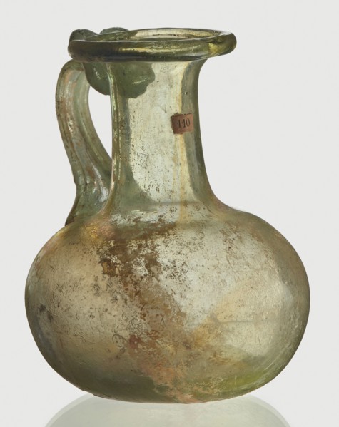 Jug, spherical flattened body, cylindrical neck, flared spout and ribbon-shaped handle with