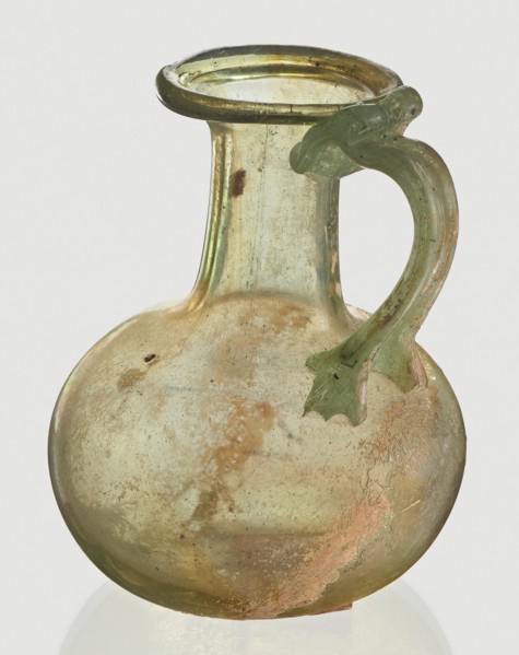Jug, Egyptian workshop, spherical flattened body, cylindrical neck, flared spout and ribbon-shaped