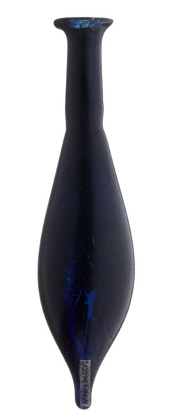Vial, unknown eastern workshop, elongated belly with a pointed bottom, cylindrical neck and flared