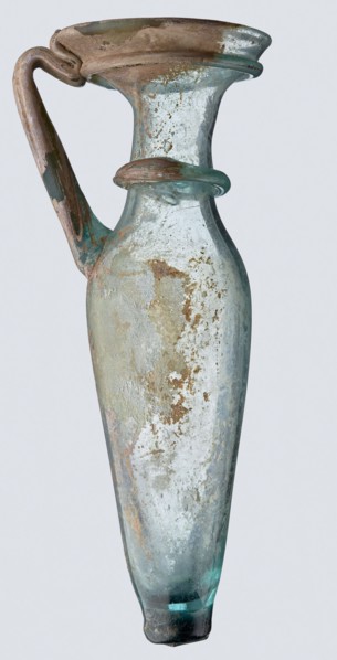 Bottle; eastern workshop, 3rd–4th century AD. Transparent bluish-green glass, free-blown, with