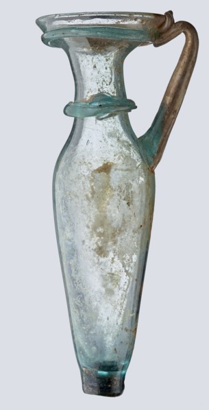 Bottle; eastern workshop, 3rd–4th century AD. Transparent bluish-green glass, free-blown; short