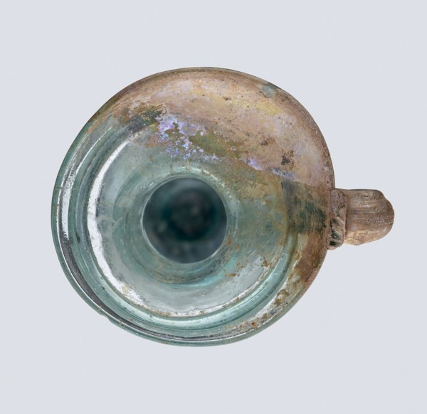 Bottle; eastern workshop, 3rd–4th century AD. Transparent bluish-green glass, free-blown; short