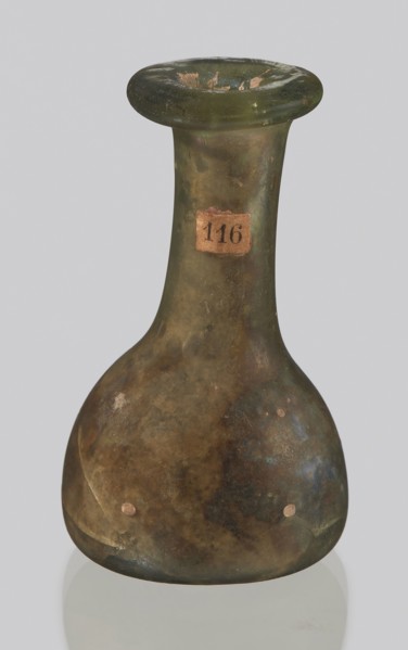 Vial, unknown eastern workshop, hemispherical body with a flat bottom, high cylindrical neck with
