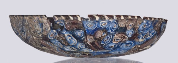 Bowl, Egyptian workshop; mosaic glass bowl with flat bottom, walls widening toward the top then