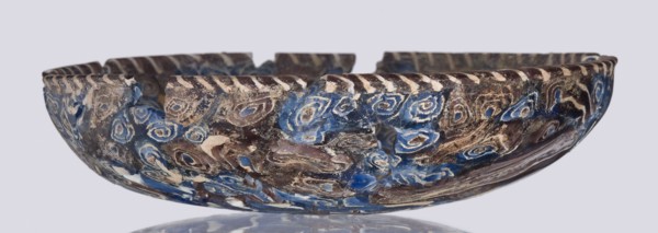 Bowl, Egyptian workshop; mosaic glass; floral patterns in blue, purple, yellow, green, and white.