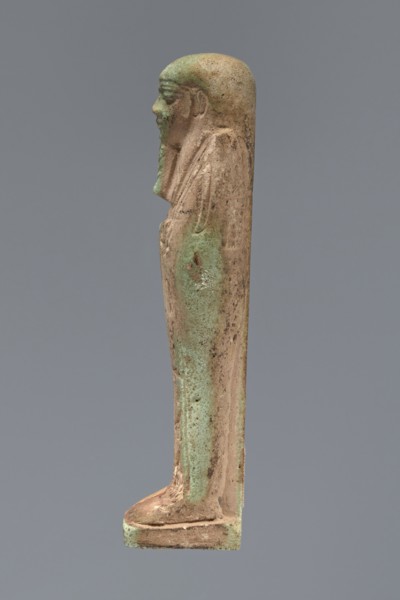 Ushabti, unknown creator; Hor-em-saf ca. 664–525 BC. Mummy-shaped figurine made of green faience.