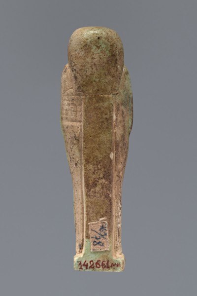 Ushabti, Hor-em-saf ca. 664–525 BC. Mummy-shaped figurine made of green faience. Stocky build,