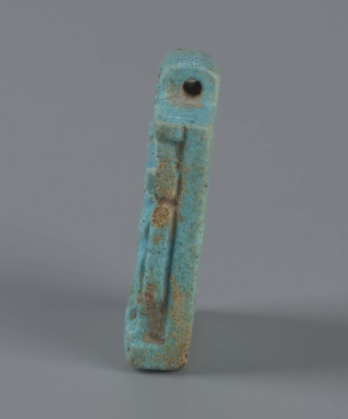 Amulet — plaque with a triad of deities: Harpocrates Horus, Isis, Nephthys. Amulet in the shape of