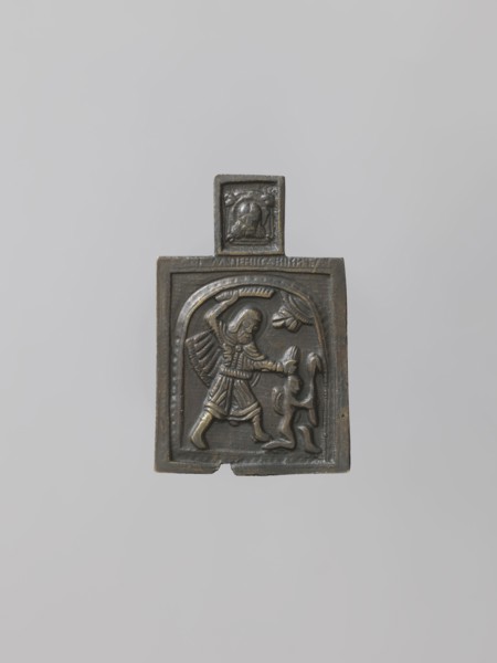 Icon: St. Nikita Slaying the Devil, Old Believer workshop; subjects: Jesus Christ Bible, devils,