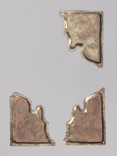 Three fragments of a Gospel book cover: two depict St. Mark and one St. Luke. Orthodox workshop.