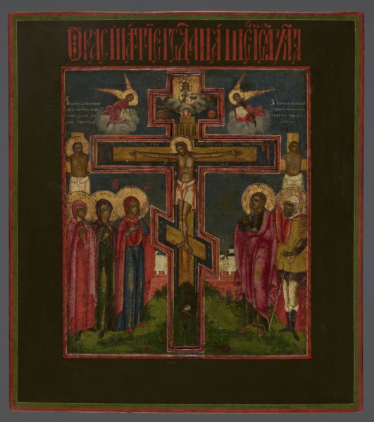 Icon: Crucifixion of Christ on Golgotha, Old Believers workshop. In the center a recessed