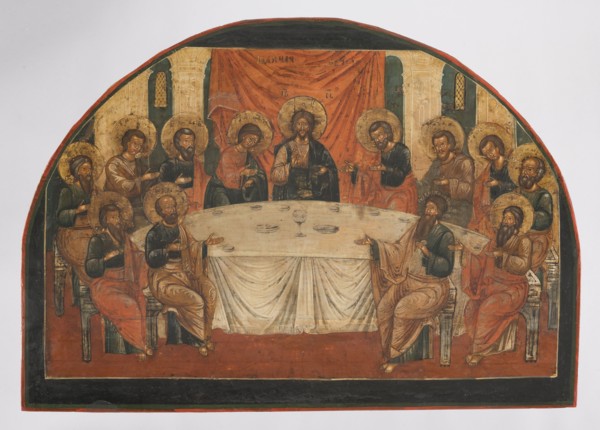 Icon: Last Supper, Russian workshop. The Last Supper iconography; Jesus Christ; Judas; Peter the