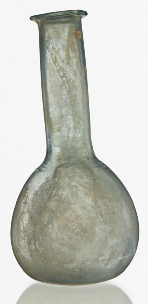 Pear-shaped vial, unknown Eastern workshop. The body is a slightly elongated sphere with a
