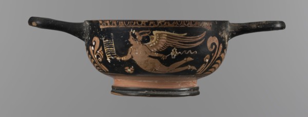 Red-figure bowl kylix, 3rd quarter of the 4th century BC, Apulia. Yellow clay tending to red with