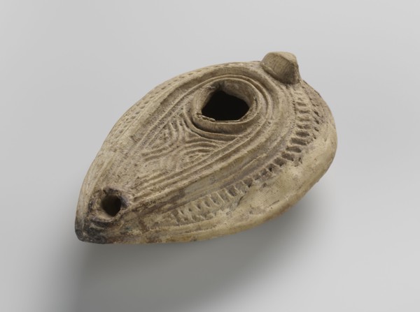 Oil lamp, Islamic art, Arabic culture; household ceramic oil lamp almond-shaped misbah zajti,