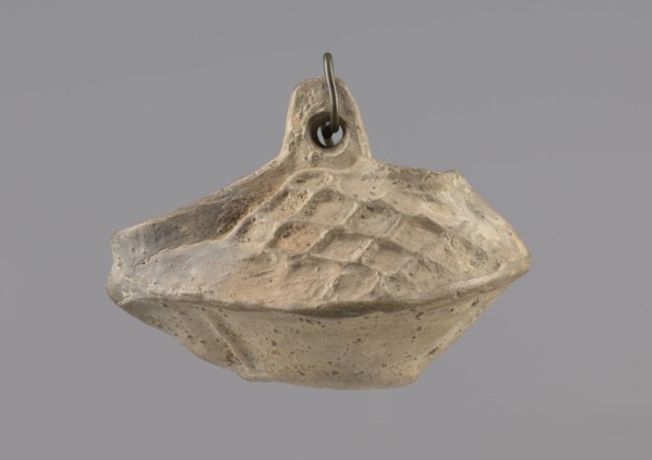 Lamp, Oval lamp made of yellow-gray clay with a high container and two handles, through which a