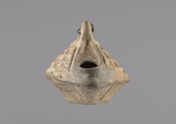 Lamp, Oval lamp made of yellow-gray clay with a high container and two handles, through which a