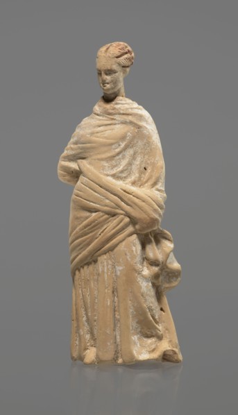 Terracotta figurine of a standing woman, terracotta, female figurine, himation, chiton, Tanagra