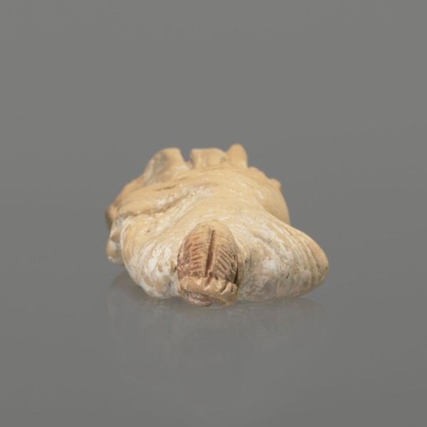 Terracotta figurine of a standing woman dressed in a chiton and himation. The body pose is in
