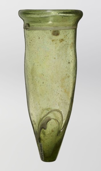 Lamp oil container, deposit; Islamic art, Arabic culture; glass oil lamp with cream enamel thread