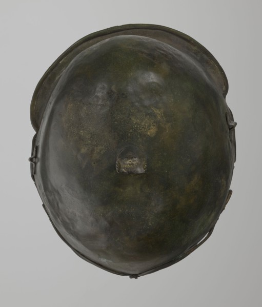 Bronze helmet, 4th–3rd century BC, Italy, armament; height 27 cm without cheek guards, width 19.8