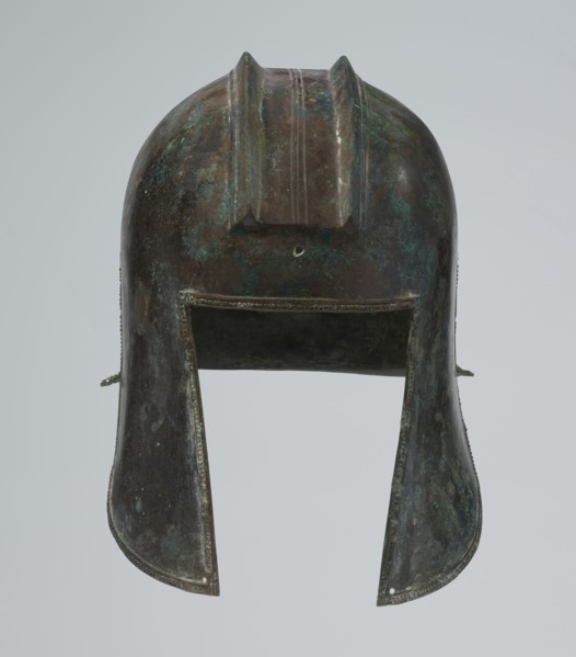 Bronze helmet, circa 550–500 BC, possibly Italy; armament. Dimensions: height 24 cm, width 18.5 cm,